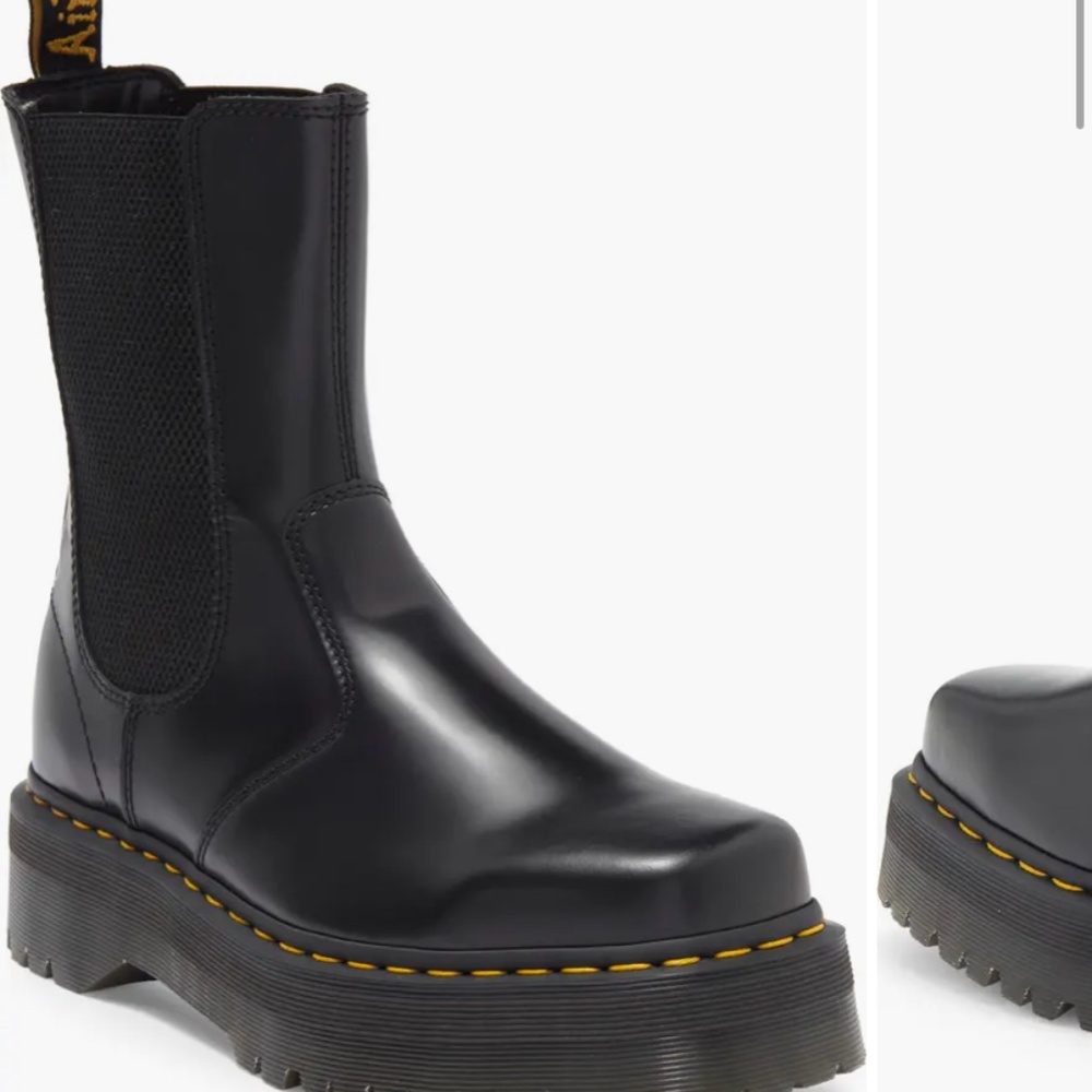 Dr. Martens Black Leather Platform Chelsea Boots with Yellow Welt Stitching